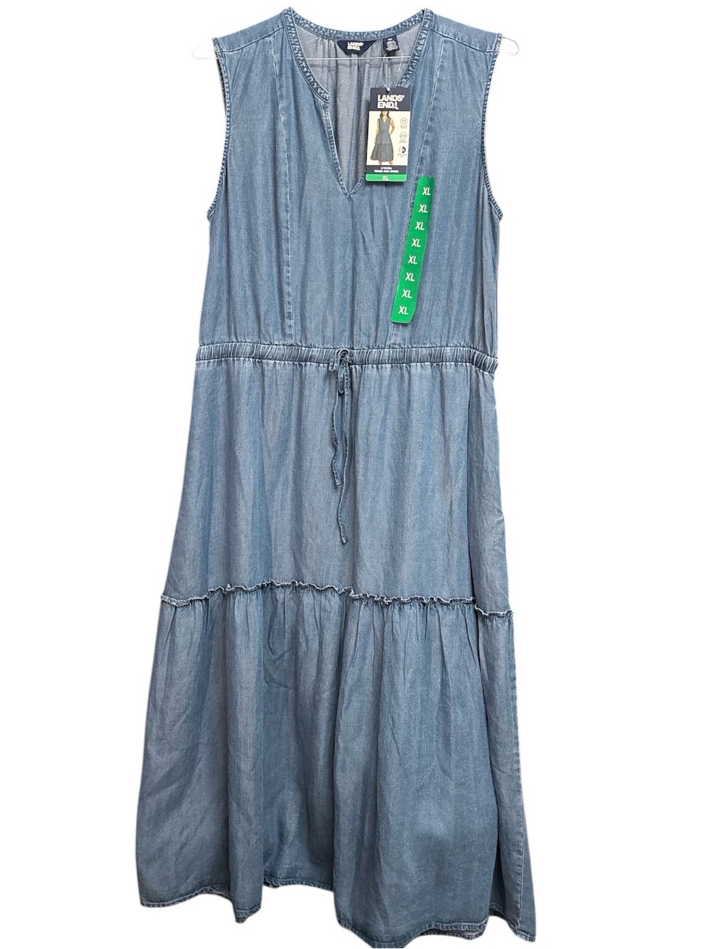 ✔️Lands' End Denim Blue Sleeveless Tiered Midi Maxi Dress XL NWT